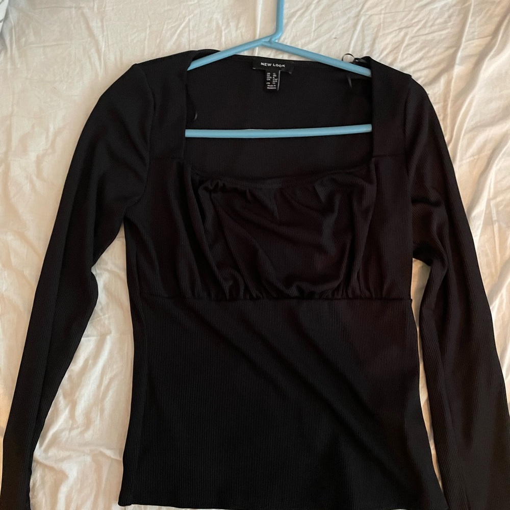 ASOS New Look Square Neck Long Sleeve Ribbed Black Top